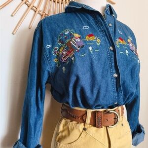 Vintage Denim Button Down with Apple Picking Embroidery